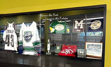 Display case filled with sports memorabilia 